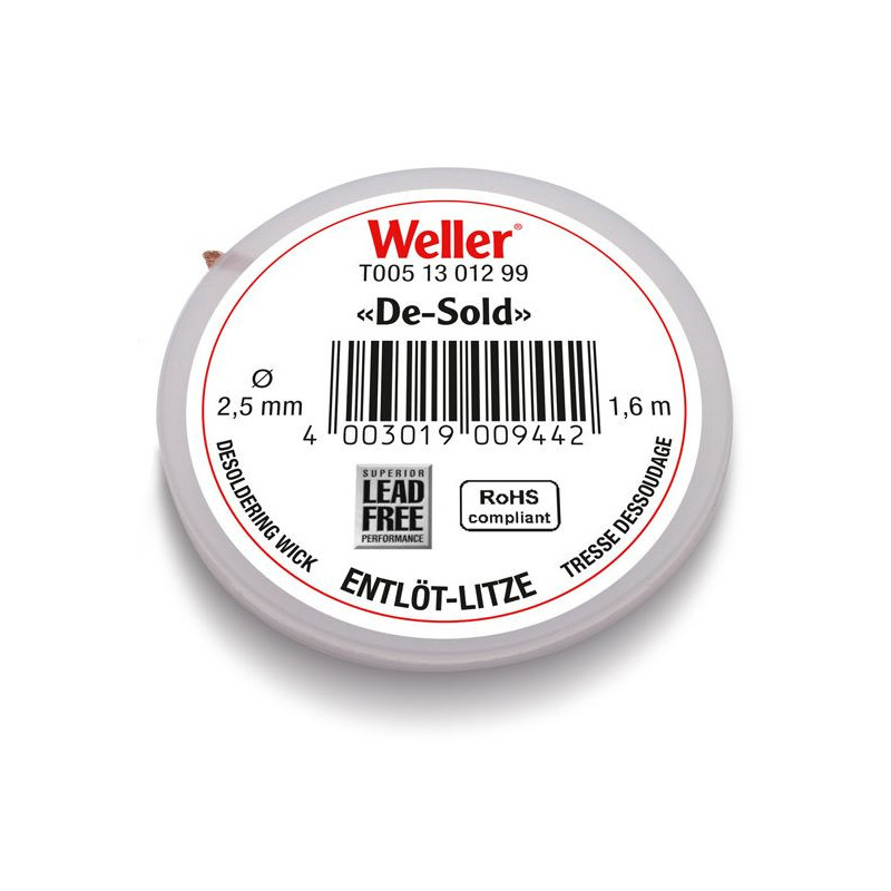 Weller Entlötlitze, bleifrei, Breite 2,5 mm, 1,6 m Spule