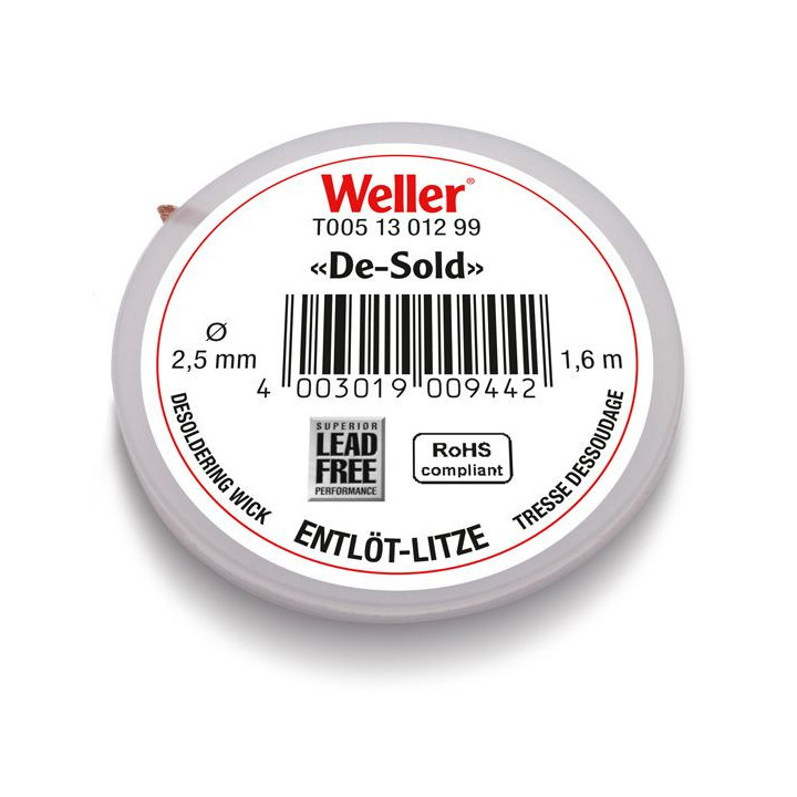 Weller Entlötlitze, bleifrei, Breite 2,5 mm, 1,6 m Spule