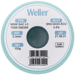 Weller T0051388399 WSW SAC L0 Lötzinn, bleifrei Spule, Sn3,0Ag0,5Cu, 100g, 0,30mm