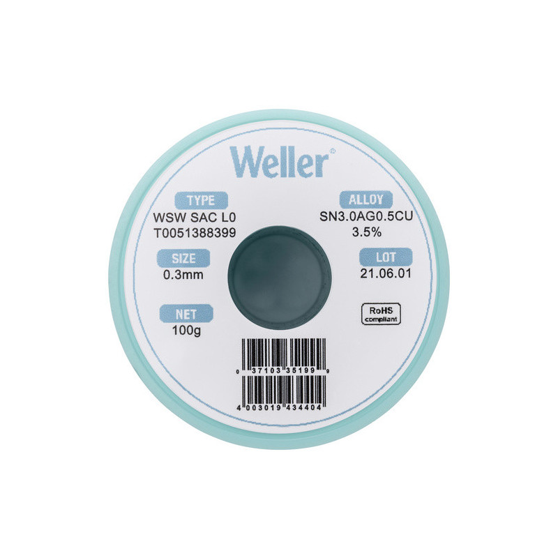 Weller T0051388399 WSW SAC L0 Lötzinn, bleifrei Spule, Sn3,0Ag0,5Cu, 100g, 0,30mm