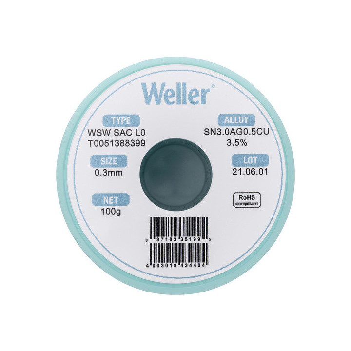 Weller T0051388399 WSW SAC L0 Lötzinn, bleifrei Spule, Sn3,0Ag0,5Cu, 100g, 0,30mm