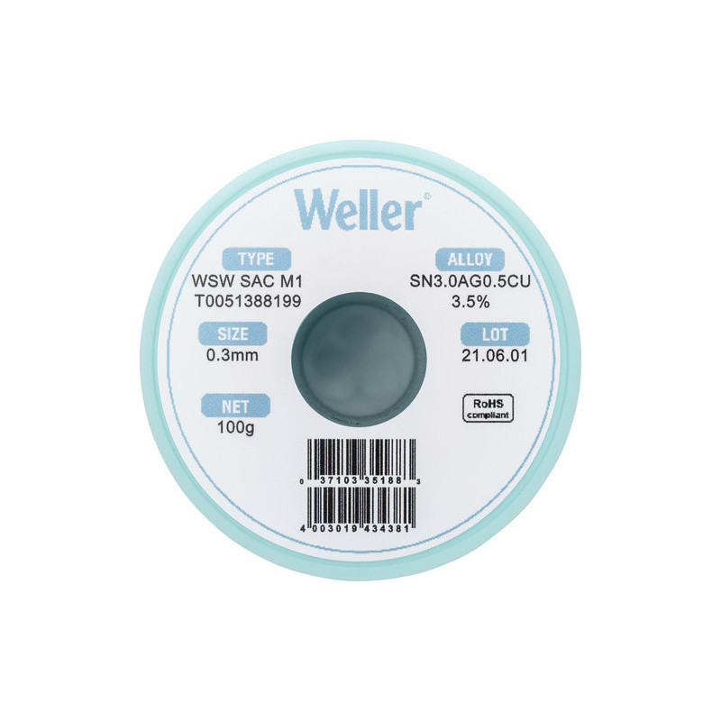 Weller T0051388199 WSW SAC M1 Lötzinn, bleifrei Spule, Sn3,0Ag0,5Cu, 100g, 0,30mm