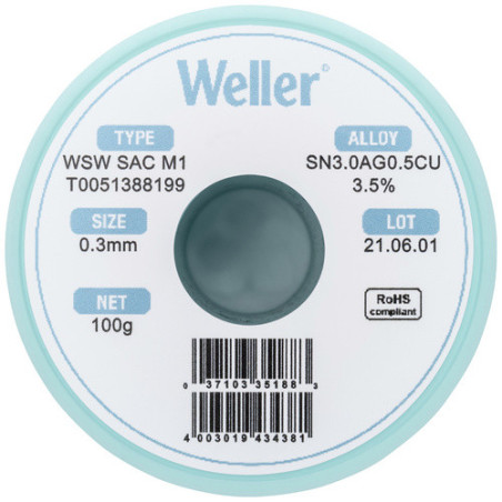 Weller T0051388199 WSW SAC M1 Lötzinn, bleifrei Spule, Sn3,0Ag0,5Cu, 100g, 0,30mm
