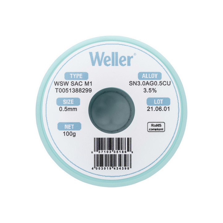 Weller T0051388299 WSW SAC M1 Lötzinn, bleifrei Spule Sn3,0Ag0,5Cu, 100g, 0,5mm
