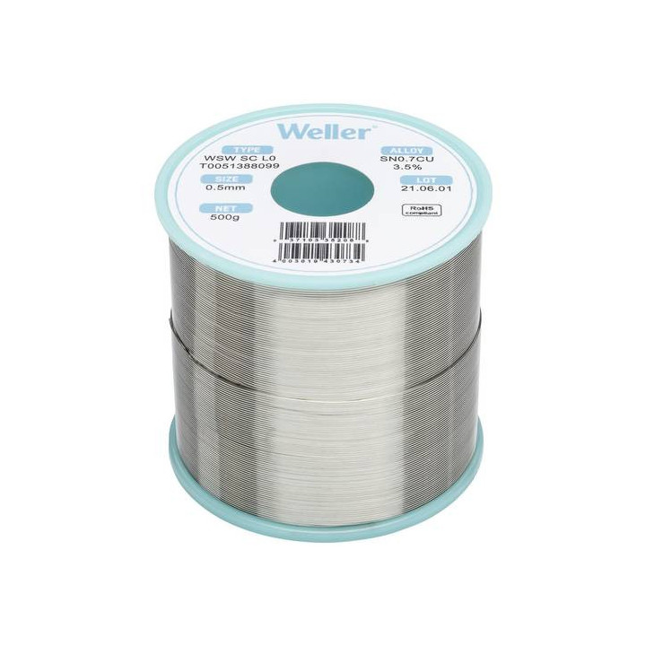 Weller T0051388099 WSW SC L0 Lötzinn, bleifrei Spule Sn0,7Cu3,5%, 500g, 0,5mm