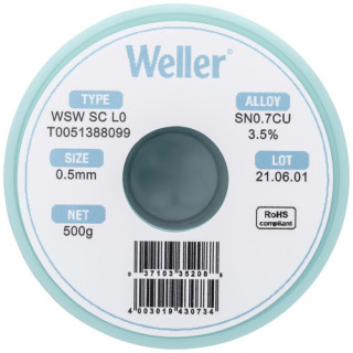 Weller T0051388099 WSW SC L0 Lötzinn, bleifrei Spule Sn0,7Cu3,5%, 500g, 0,5mm