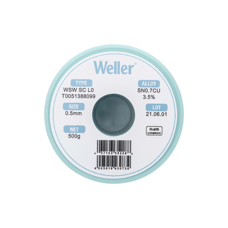 Weller T0051388099 WSW SC L0 Lötzinn, bleifrei Spule Sn0,7Cu3,5%, 500g, 0,5mm