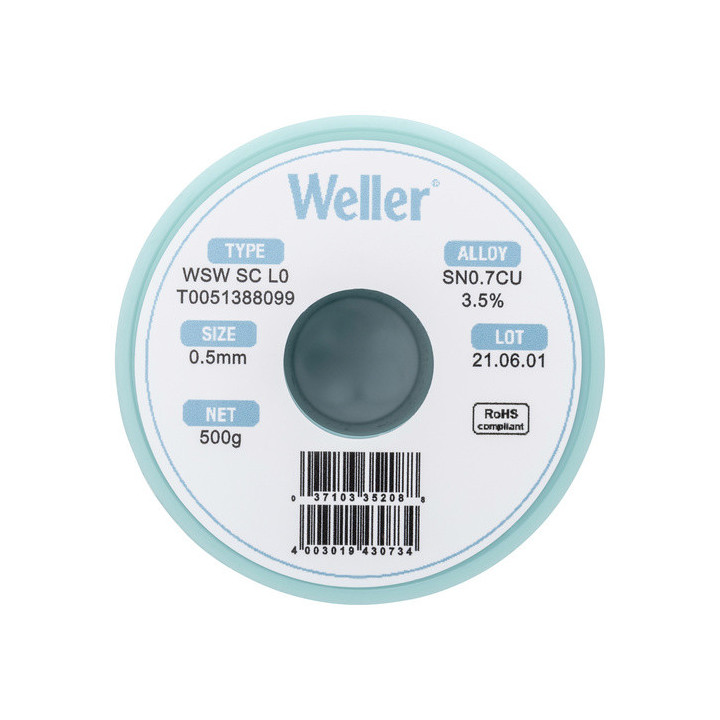 Weller T0051388099 WSW SC L0 Lötzinn, bleifrei Spule Sn0,7Cu3,5%, 500g, 0,5mm