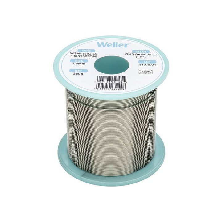 Weller T0051388799 WSW SAC L0 Lötzinn, bleifrei Spule Sn3,0Ag0,5Cu, 250g, 0,8mm