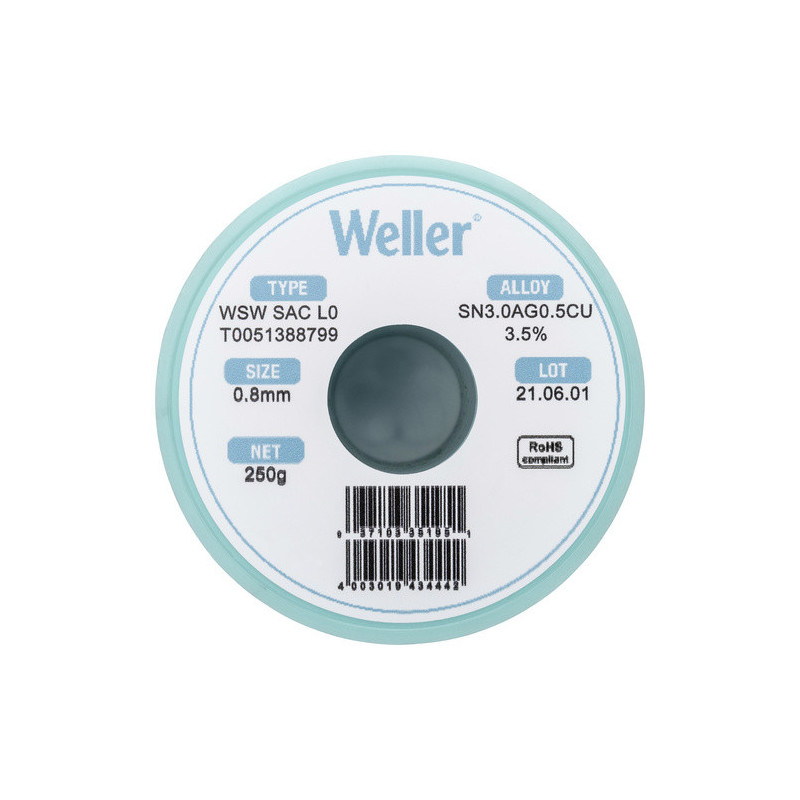 Weller T0051388799 WSW SAC L0 Lötzinn, bleifrei Spule Sn3,0Ag0,5Cu, 250g, 0,8mm