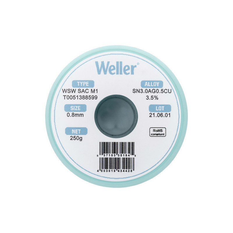 Weller T0051388599 WSW SAC M1 Lötzinn, bleifrei Spule Sn3,0Ag0,5Cu, 250g, 0.8mm