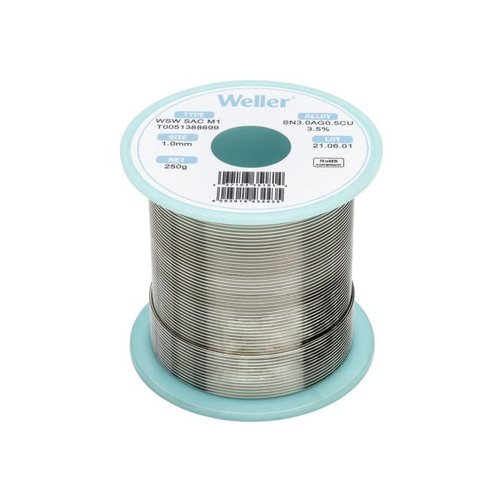 Weller T0051386999 WSW SAC L0 Lötzinn, bleifrei Spule Sn3,0Ag0,5Cu, 500g, 0,8mm