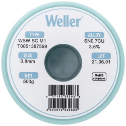 Weller T0051387599 WSW SC M1 Lötzinn, bleifrei Spule Sn0,7Cu, 500g, 0,8mm