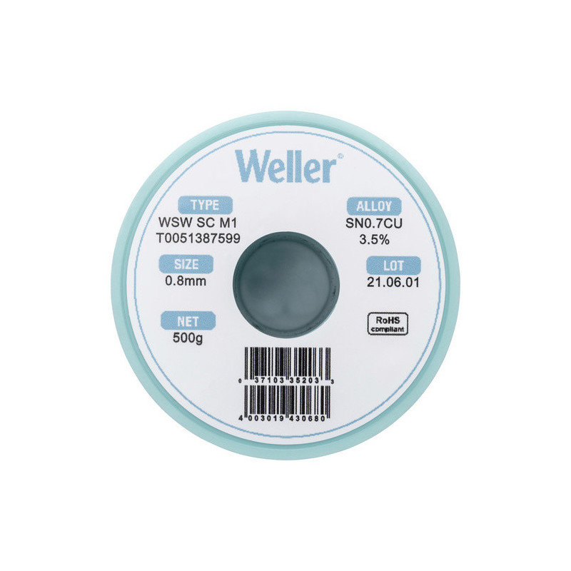 Weller T0051387599 WSW SC M1 Lötzinn, bleifrei Spule Sn0,7Cu, 500g, 0,8mm