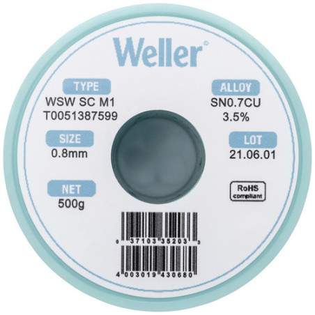 Weller T0051387599 WSW SC M1 Lötzinn, bleifrei Spule Sn0,7Cu, 500g, 0,8mm