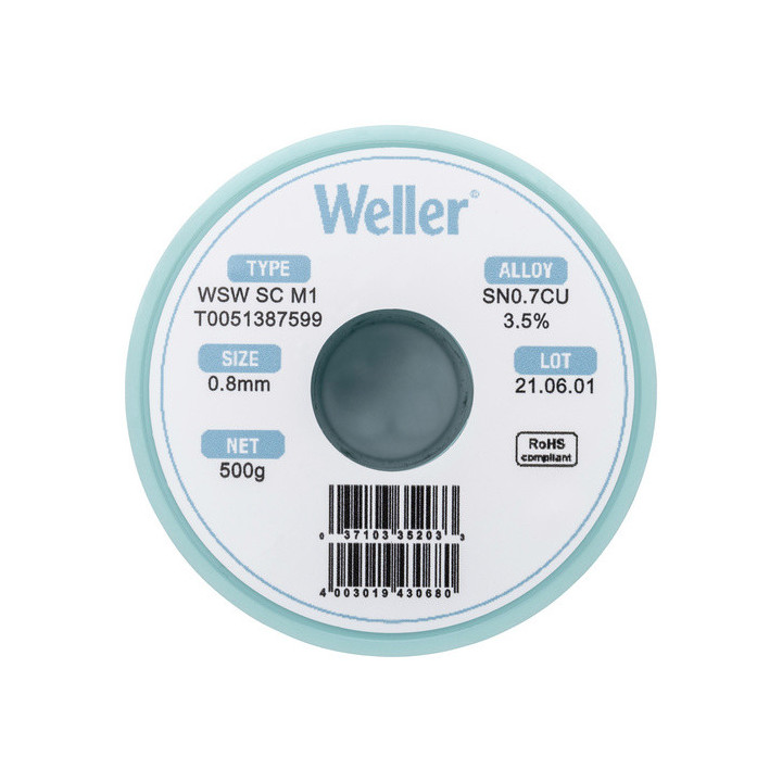 Weller T0051387599 WSW SC M1 Lötzinn, bleifrei Spule Sn0,7Cu, 500g, 0,8mm