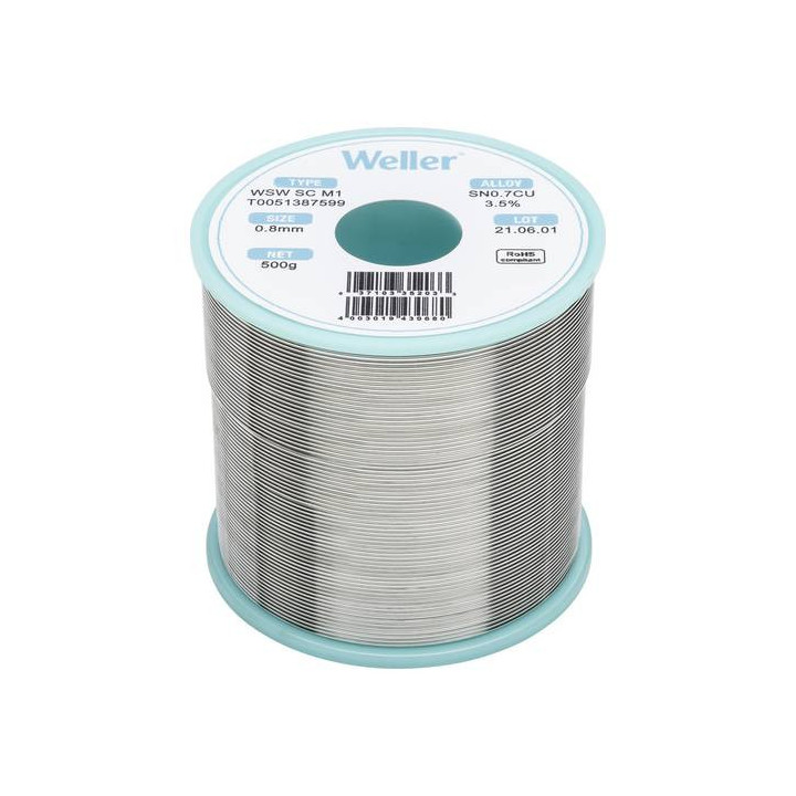 Weller T0051387599 WSW SC M1 Lötzinn, bleifrei Spule Sn0,7Cu, 500g, 0,8mm