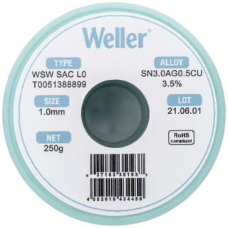 Weller T0051388899 WSW SAC L0 Lötzinn, bleifrei Spule Sn3,0Ag0,5Cu, 250g, 1mm