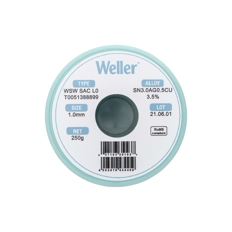 Weller T0051388899 WSW SAC L0 Lötzinn, bleifrei Spule Sn3,0Ag0,5Cu, 250g, 1mm