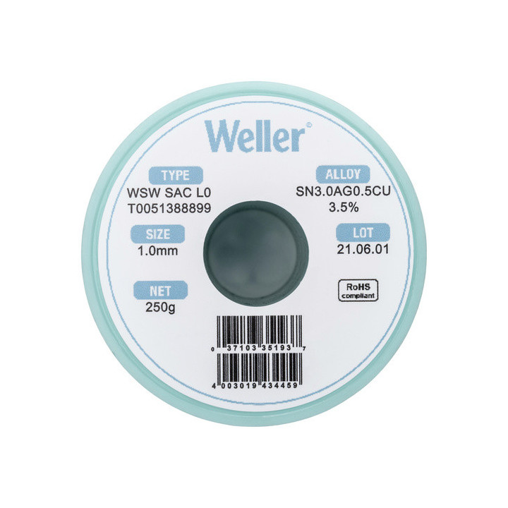 Weller T0051388899 WSW SAC L0 Lötzinn, bleifrei Spule Sn3,0Ag0,5Cu, 250g, 1mm