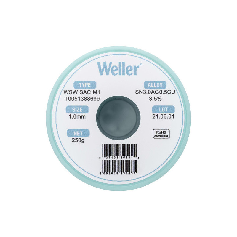Weller T0051388699 WSW SAC M1 Lötzinn, bleifrei Spule Sn3,0Ag0,5Cu, 250g, 1mm