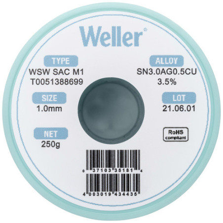 Weller T0051388699 WSW SAC M1 Lötzinn, bleifrei Spule Sn3,0Ag0,5Cu, 250g, 1mm