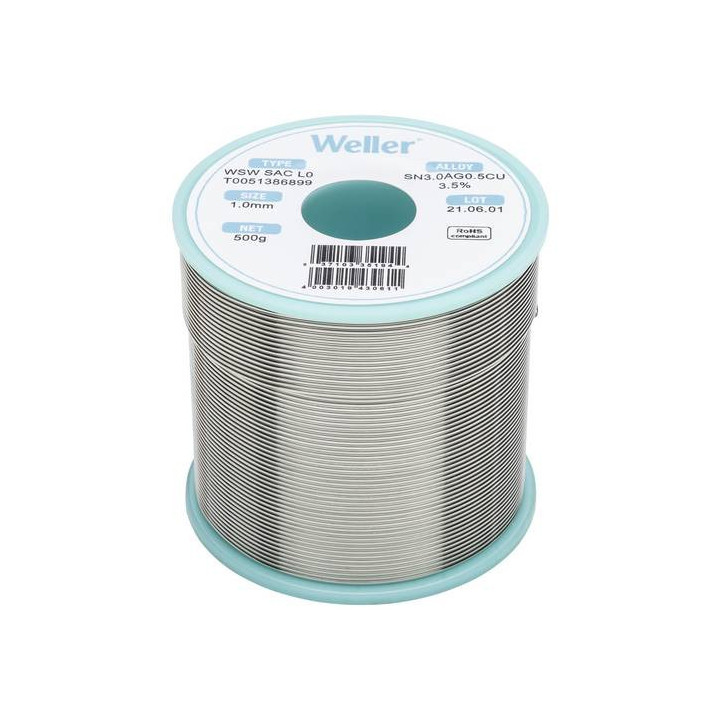 Weller T0051386899 WSW SAC L0 Lötzinn, bleifrei Spule Sn3,0Ag0,5Cu, 500g, 1mm