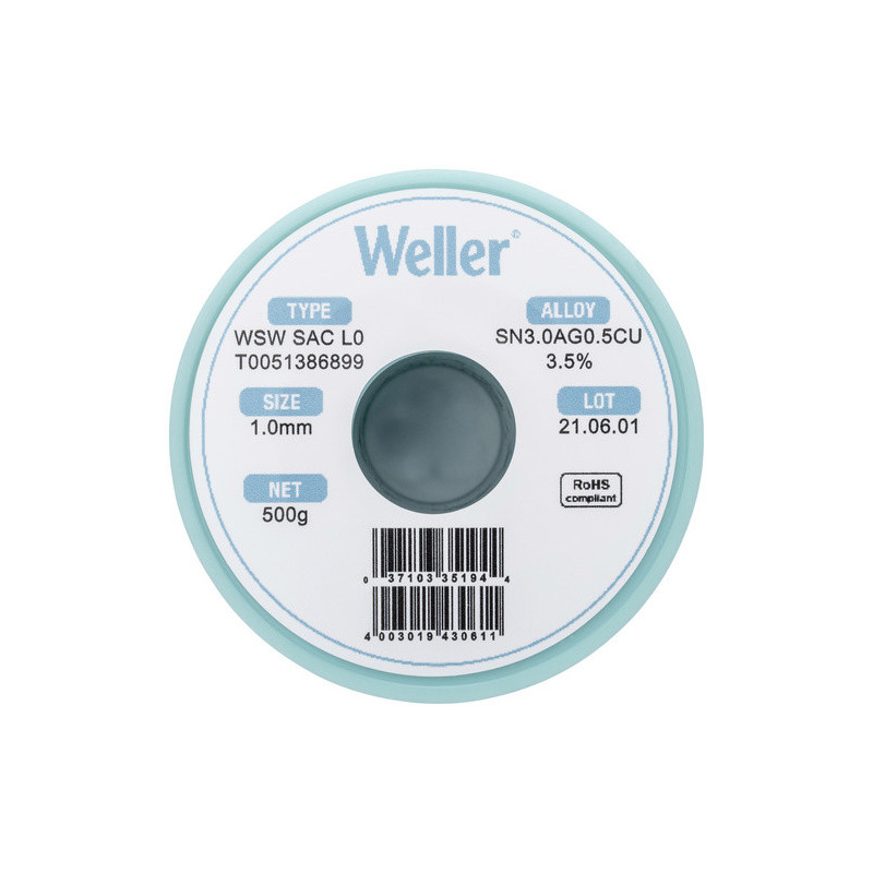 Weller T0051386899 WSW SAC L0 Lötzinn, bleifrei Spule Sn3,0Ag0,5Cu, 500g, 1mm
