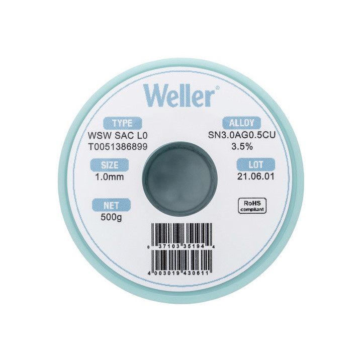 Weller T0051386899 WSW SAC L0 Lötzinn, bleifrei Spule Sn3,0Ag0,5Cu, 500g, 1mm