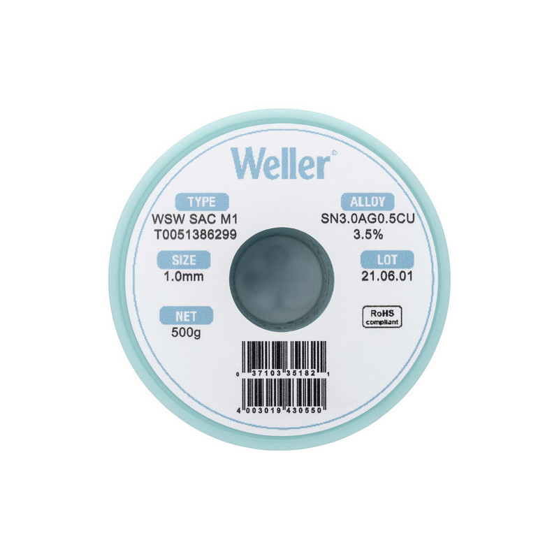 Weller T0051386299 WSW SAC M1 Lötzinn, bleifrei Spule Sn3,0Ag0,5Cu, 500g, 1mm