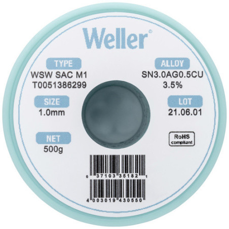 Weller T0051386299 WSW SAC M1 Lötzinn, bleifrei Spule Sn3,0Ag0,5Cu, 500g, 1mm