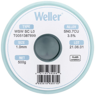 Weller T0051387899 WSW SC L0 Lötzinn, bleifrei Spule Sn0,7Cu, 500g, 1mm