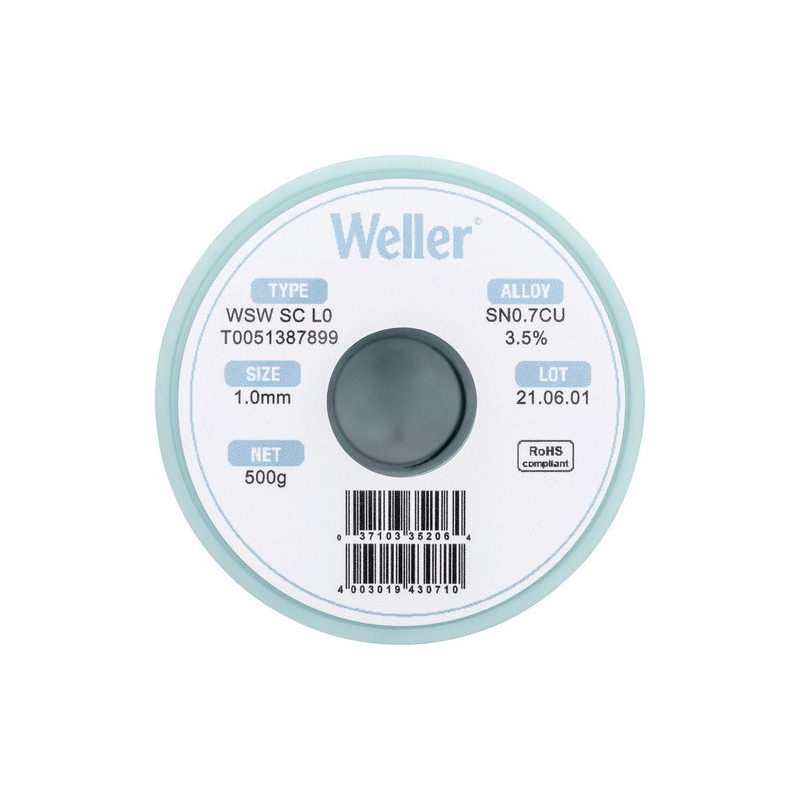 Weller T0051387899 WSW SC L0 Lötzinn, bleifrei Spule Sn0,7Cu, 500g, 1mm