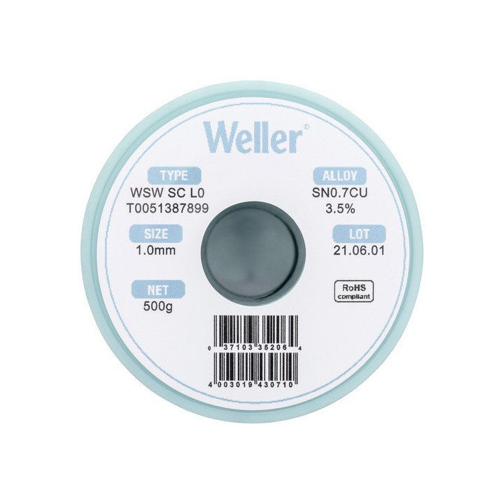 Weller T0051387899 WSW SC L0 Lötzinn, bleifrei Spule Sn0,7Cu, 500g, 1mm