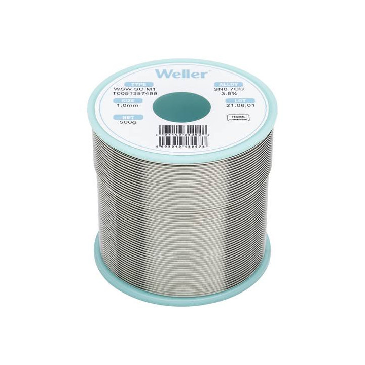 Weller T0051387499 WSW SC M1 Lötzinn, bleifrei Spule Sn0,7Cu, 500g, 1mm