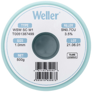Weller T0051387499 WSW SC M1 Lötzinn, bleifrei Spule Sn0,7Cu, 500g, 1mm