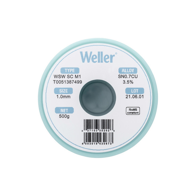 Weller T0051387499 WSW SC M1 Lötzinn, bleifrei Spule Sn0,7Cu, 500g, 1mm