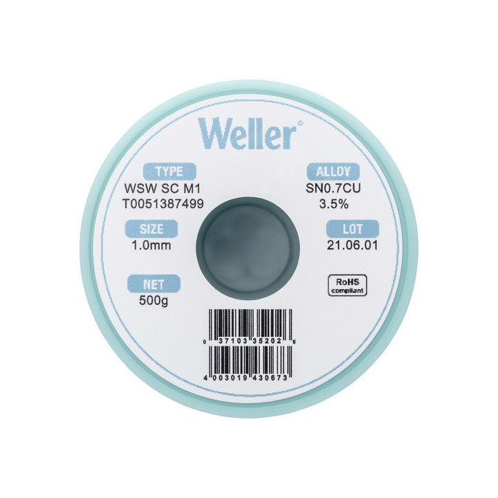 Weller T0051387499 WSW SC M1 Lötzinn, bleifrei Spule Sn0,7Cu, 500g, 1mm