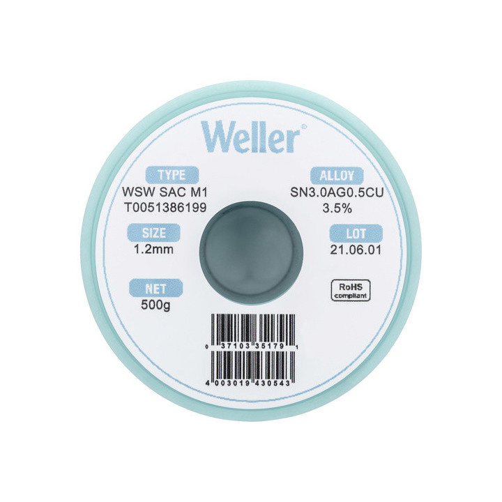 Weller T0051386199 WSW SAC M1 Lötzinn, bleifrei Spule, Sn3,0Ag0,5Cu, 500g, 1,20mm
