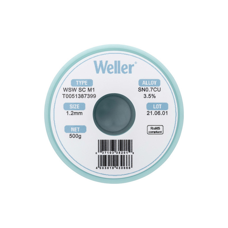 Weller T0051387399 WSW SC M1 Lötzinn, bleifrei Sn0,7Cu, 500g, 1,20mm