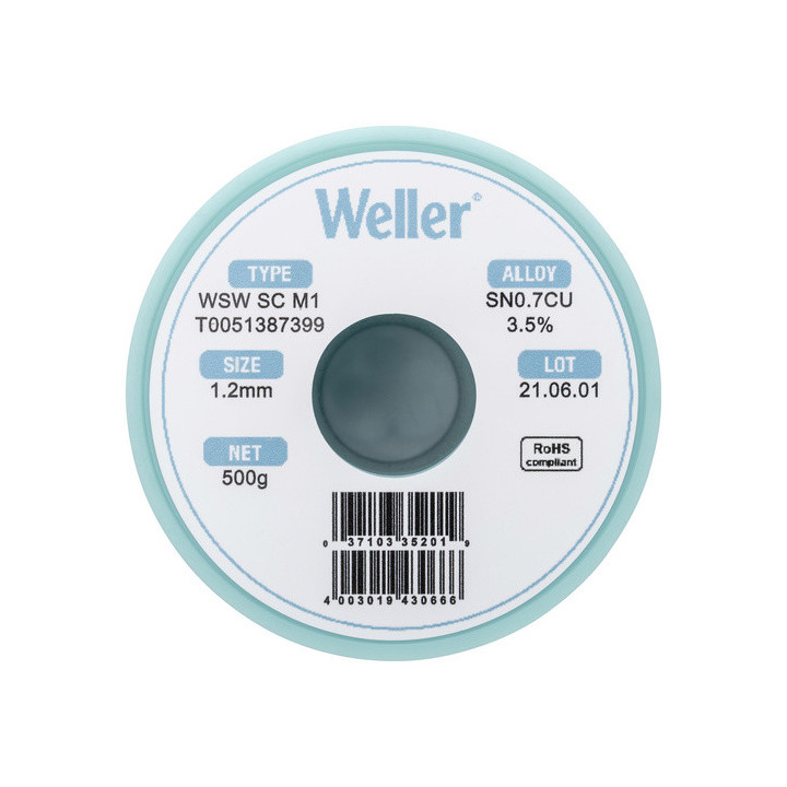 Weller T0051387399 WSW SC M1 Lötzinn, bleifrei Sn0,7Cu, 500g, 1,20mm
