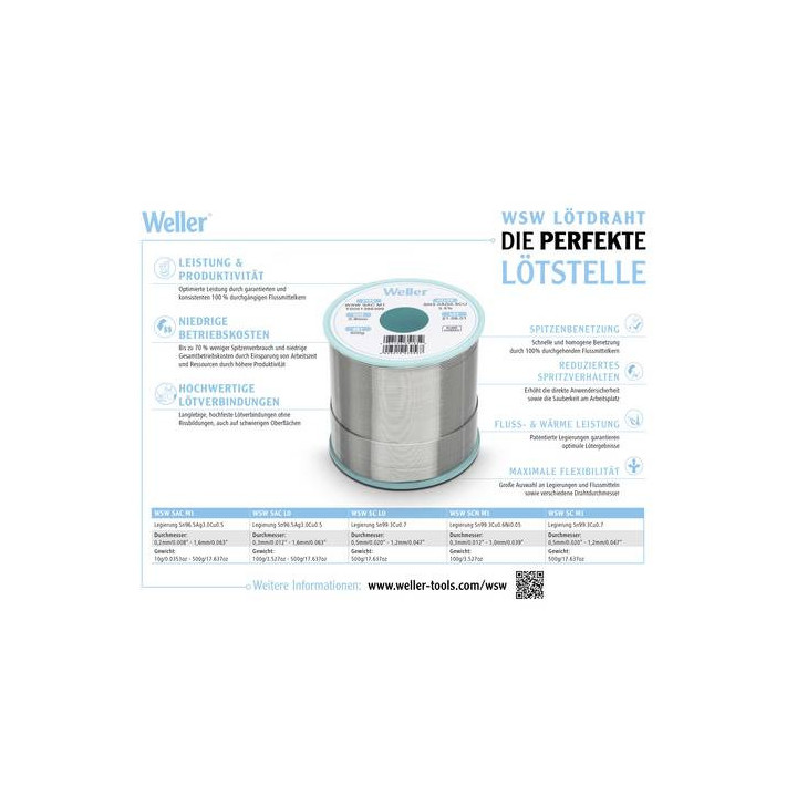 Weller T0051387399 WSW SC M1 Lötzinn, bleifrei Sn0,7Cu, 500g, 1,20mm